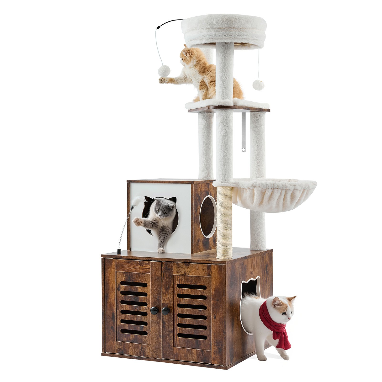 Caja de arena para gatos grande de 55,12" con recinto 2 en 1, torre para gatos, casa de juegos para interiores