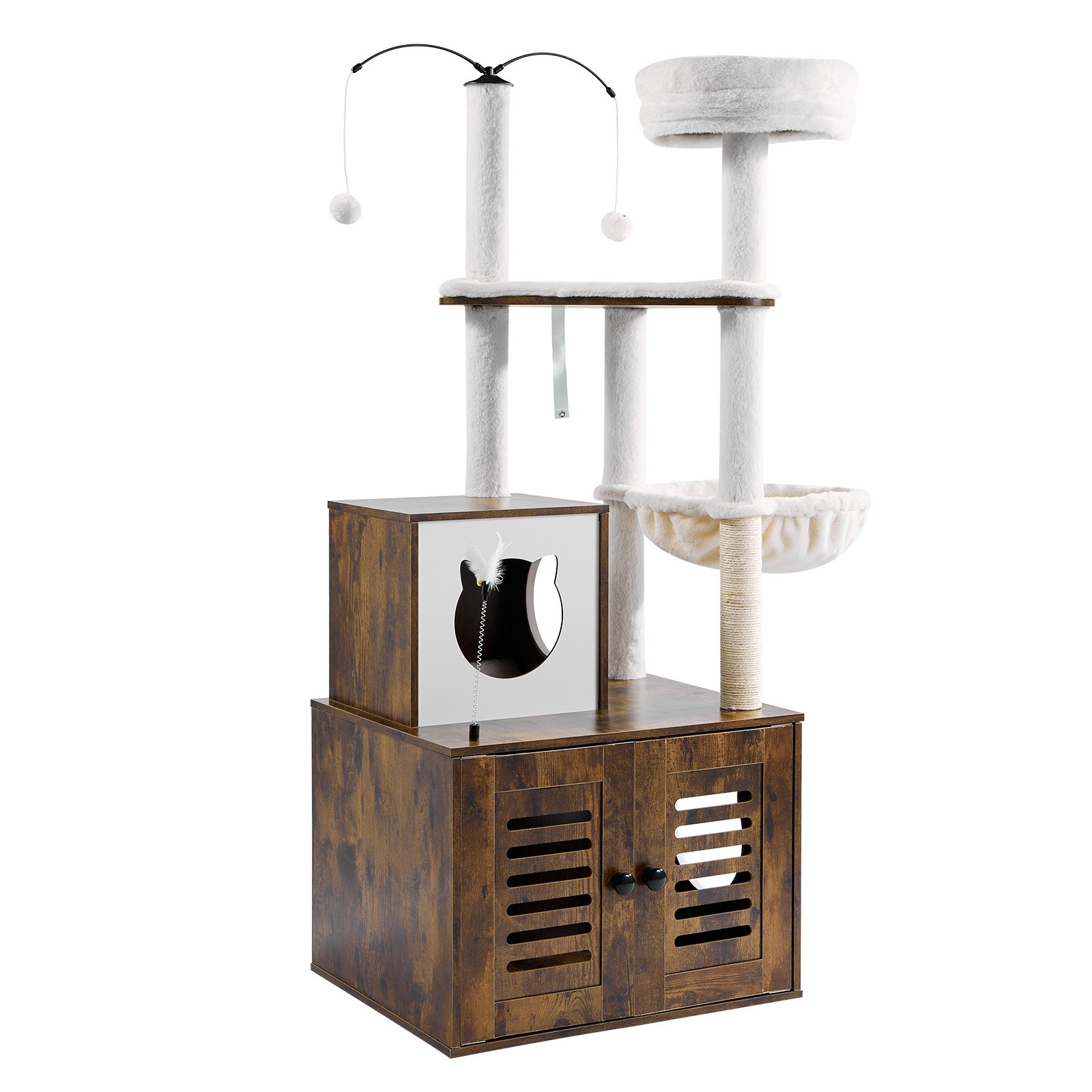 VEVOR Árbol para gatos grande con caja de arena, 140 cm de alto, torre 2 en 1, mueble de varios niveles con perchas, rascadores de sisal, hamaca, casa para gatos de interior