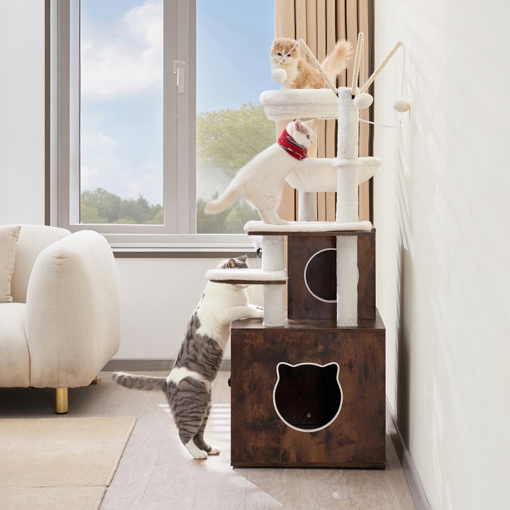 Caja de arena para gatos grande de 54,33" con recinto 2 en 1, torre para gatos, casa de juegos para interiores