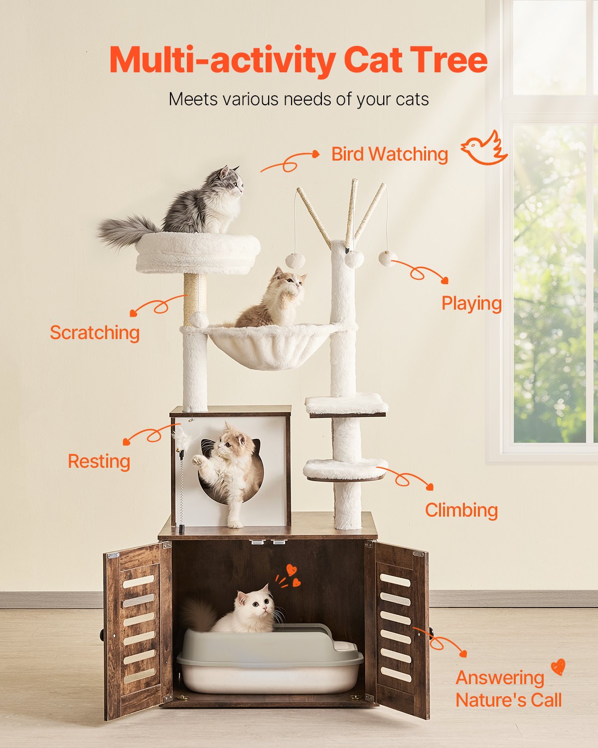 Caja de arena para gatos grande de 54,33" con recinto 2 en 1, torre para gatos, casa de juegos para interiores