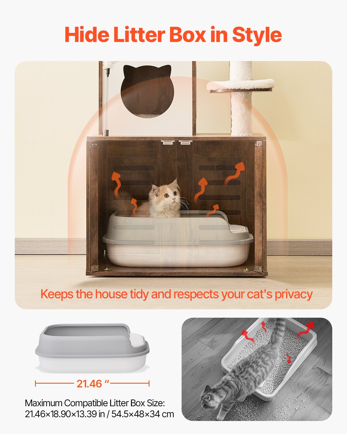 Caja de arena para gatos grande de 54,33" con recinto 2 en 1, torre para gatos, casa de juegos para interiores