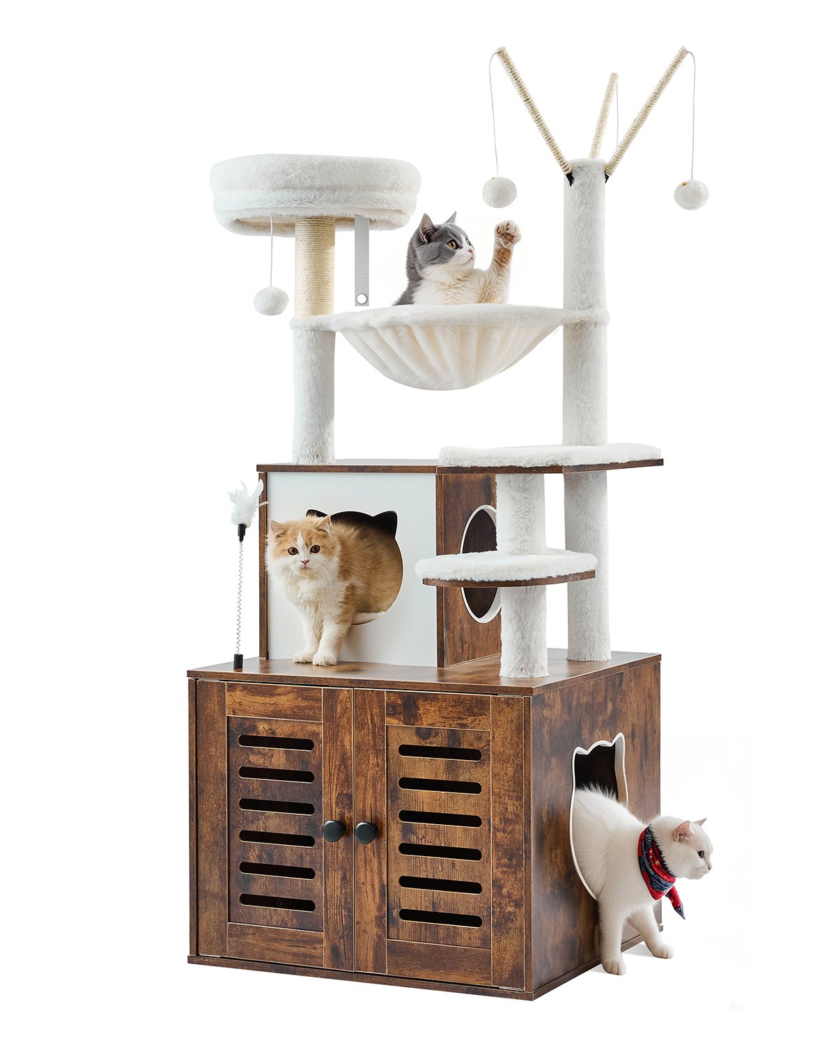 Caja de arena para gatos grande de 54,33" con recinto 2 en 1, torre para gatos, casa de juegos para interiores