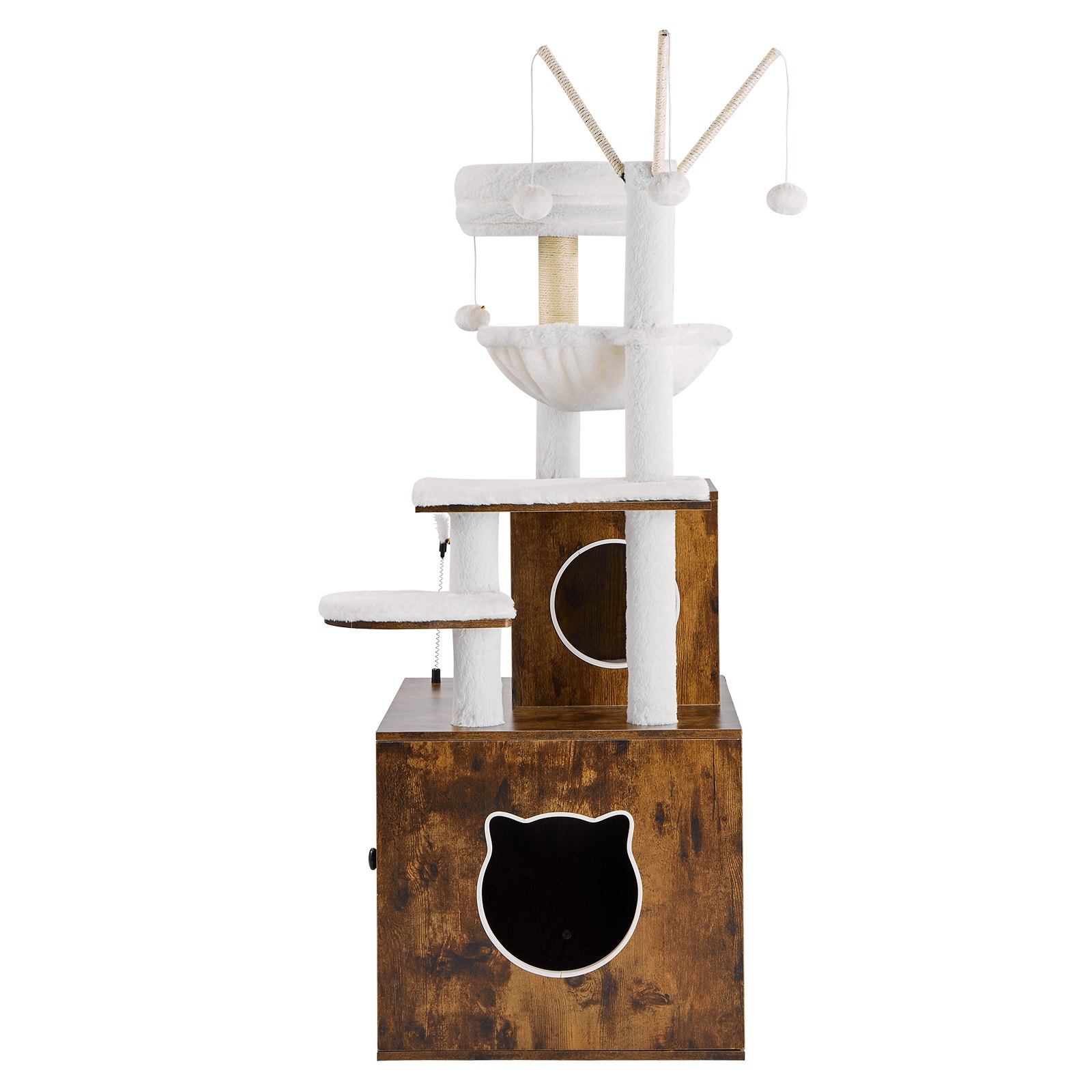 Caja de arena para gatos grande de 54,33" con recinto 2 en 1, torre para gatos, casa de juegos para interiores