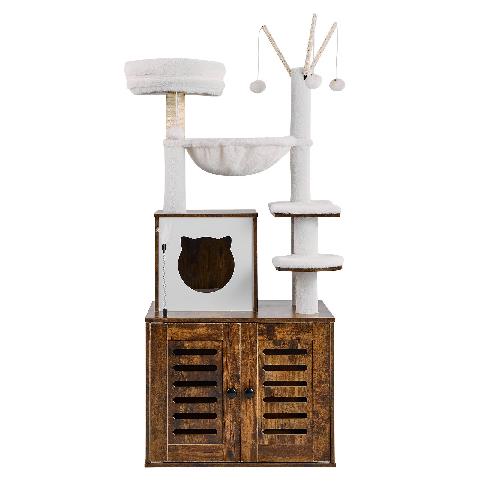 Caja de arena para gatos grande de 54,33" con recinto 2 en 1, torre para gatos, casa de juegos para interiores
