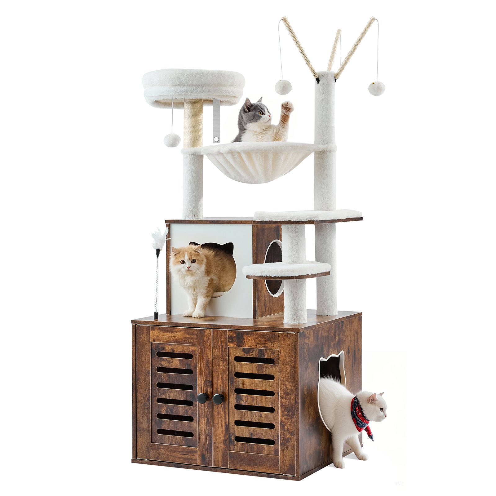 Caja de arena para gatos grande de 54,33" con recinto 2 en 1, torre para gatos, casa de juegos para interiores