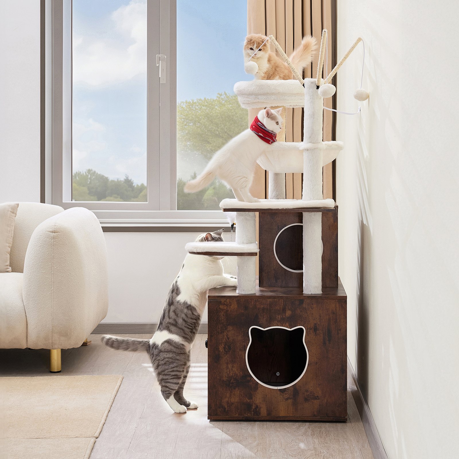 VEVOR Árbol para gatos grande con caja de arena, 137 cm de alto, torre 2 en 1, mueble de varios niveles con perchas, rascadores de sisal, hamaca, casa para gatos de interior