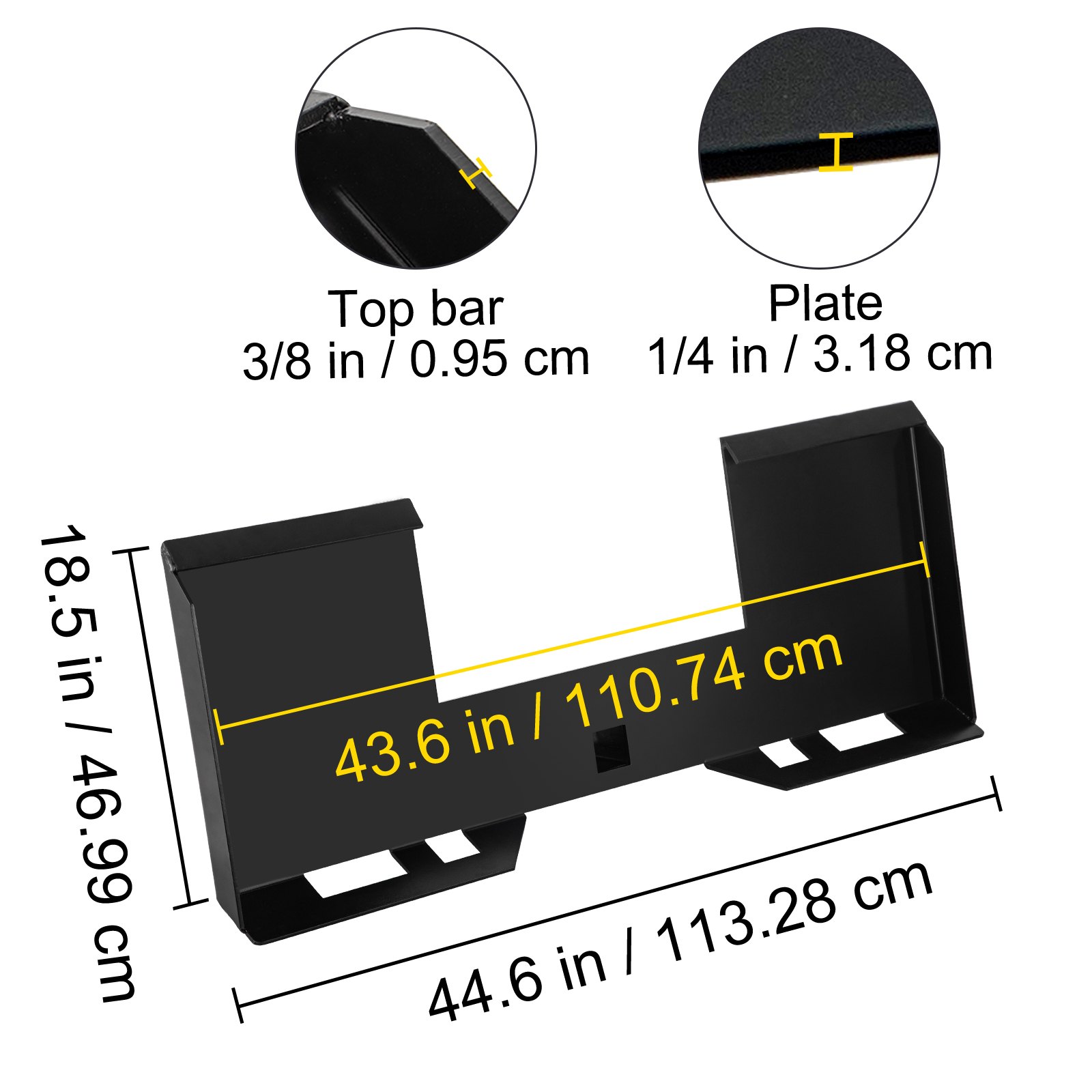 Dimensiones de la placa de montaje de dirección deslizante VEVOR: 44,6 pulgadas de ancho, 18,5 pulgadas de alto.