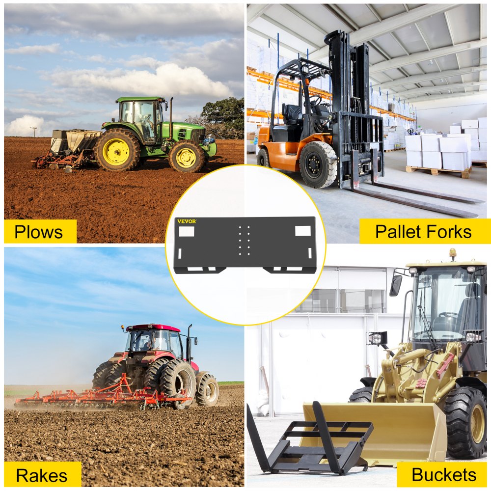 Placa de montaje para minicargadoras VEVOR con accesorios para arados de tractor, carretillas elevadoras, rastrillos y cucharones.