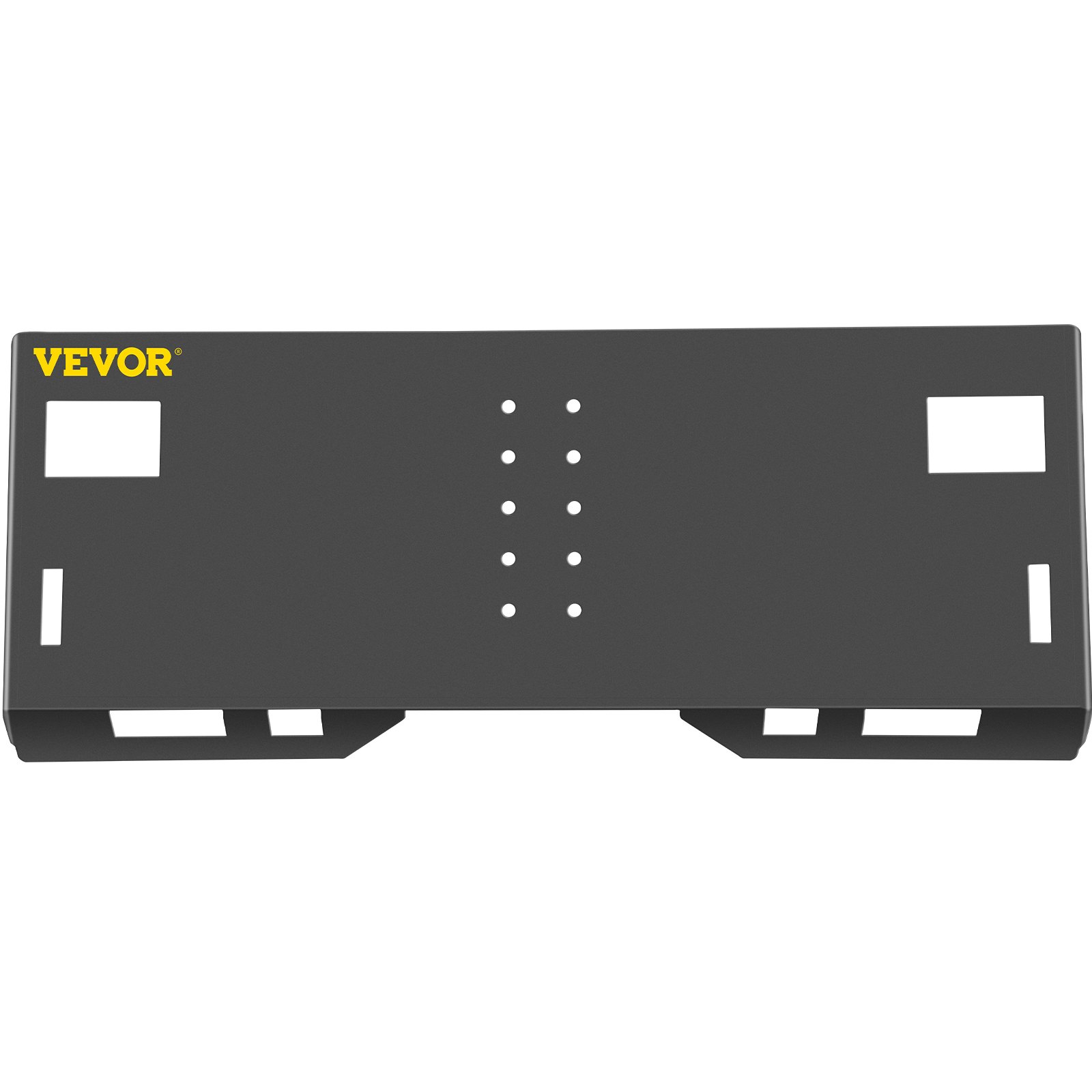 Placa de montaje para minicargadoras VEVOR con múltiples orificios y cortes para una fijación versátil.