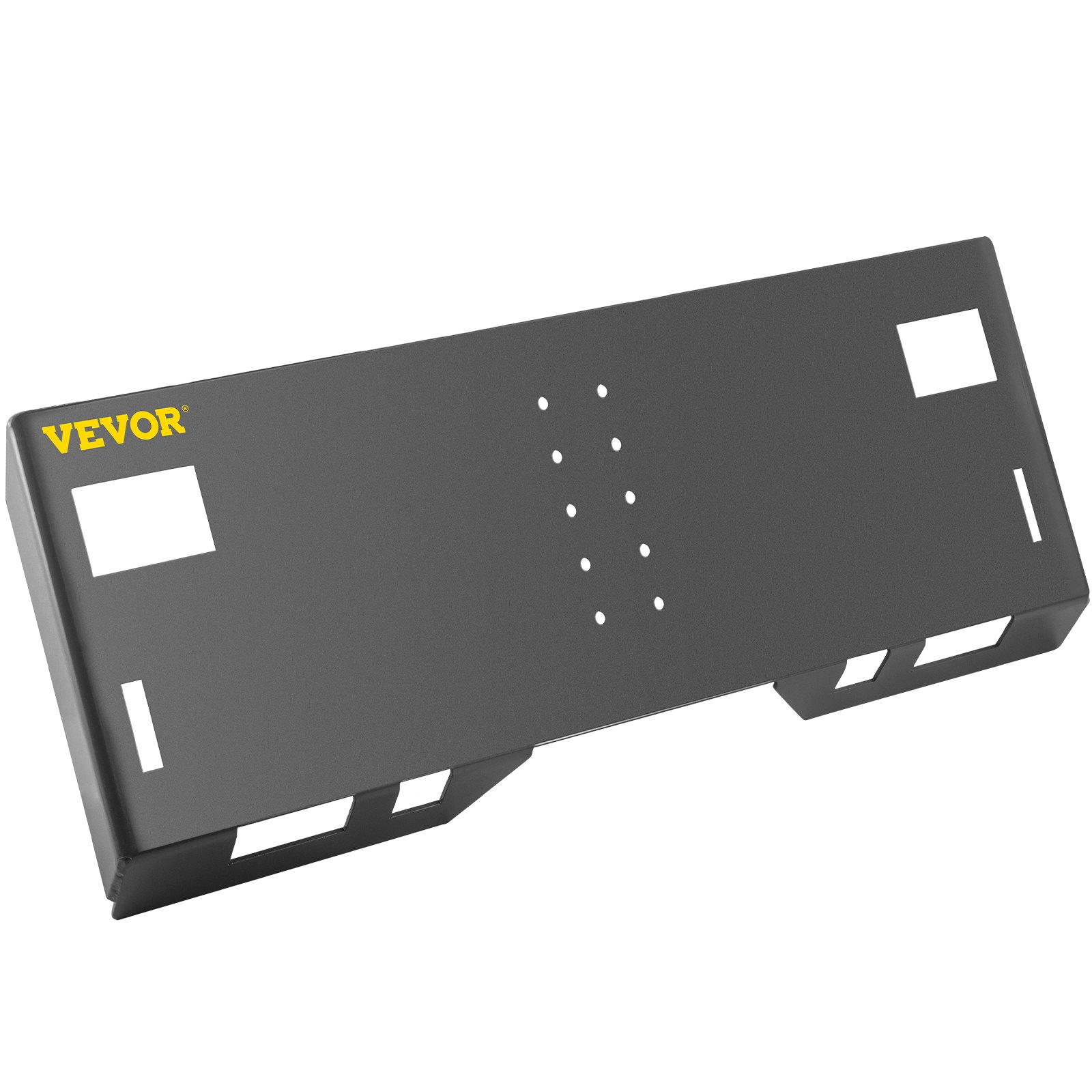 Placa de montaje para minicargadora VEVOR con orificios pretaladrados y cortes rectangulares.