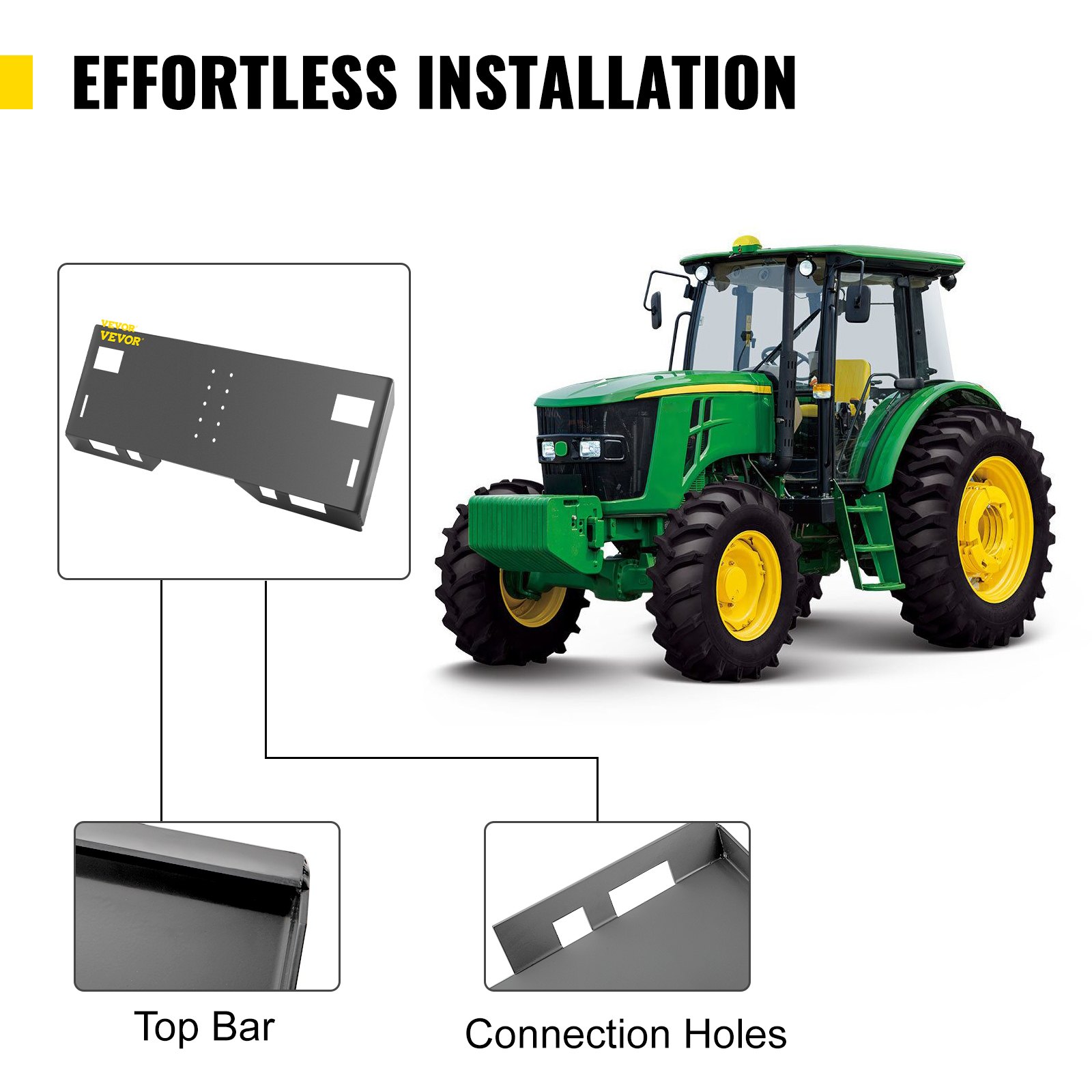 Placa de montaje de dirección deslizante VEVOR y tractor verde que muestra una instalación sin esfuerzo.