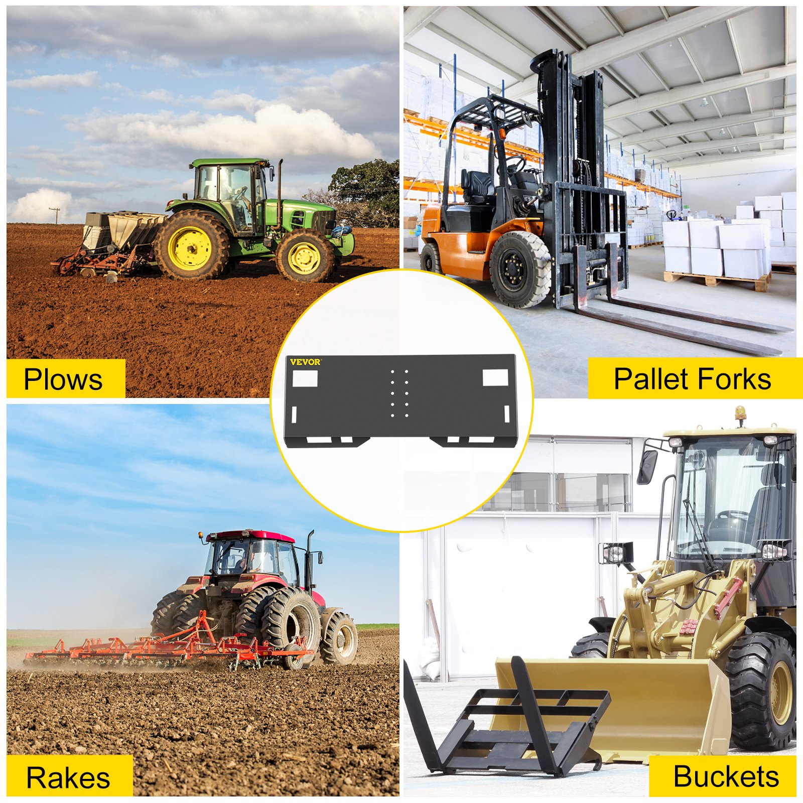 Placa de montaje para minicargadoras VEVOR con accesorios para arados de tractor, carretillas elevadoras, rastrillos y cucharones.