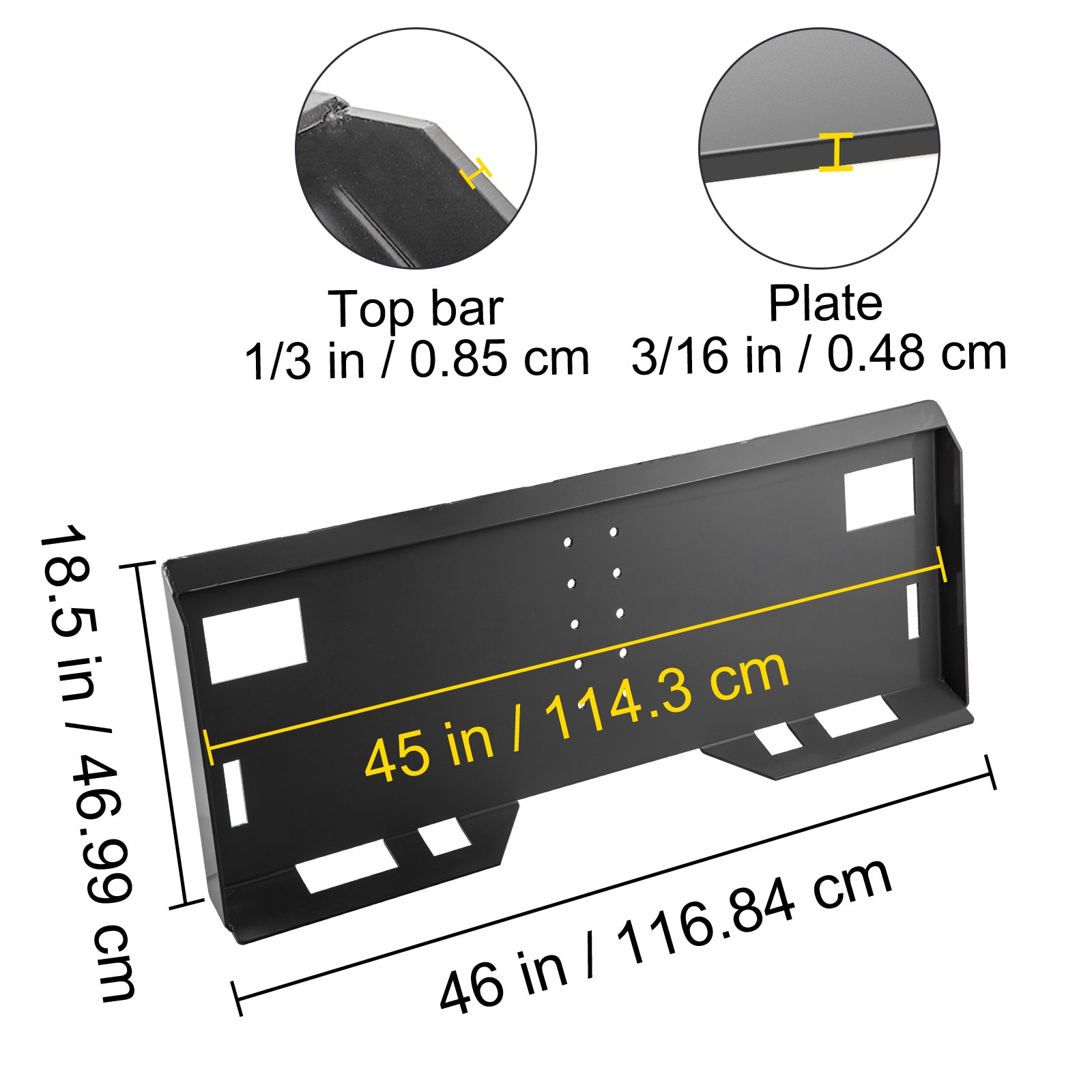 Placa de montaje de dirección deslizante VEVOR con dimensiones y primer plano de la barra superior y el espesor de la placa.