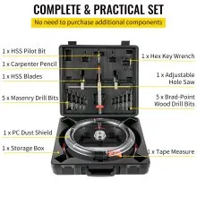 VEVOR Kit de cortador de sierra perforadora ajustable, 1-5/8" a 11-13 /16" (40-300 mm), sierra perforadora empotrada con protector contra el polvo de PC, dos brocas piloto reemplazables, para luces empotradas, altavoces de techo, orificios de ventilación