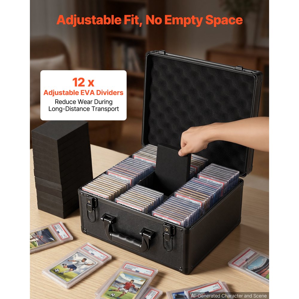 VEVOR Caja para Tarjetas Graduadas, 3 Filas 12 Separadores, Capacidad para 180 Tarjetas PSA, 120 SGC, 100 BGS, 520 Protectores o Más de 999 Tarjetas Sueltas, con Cerradura Mecánica y Llaves, Negro