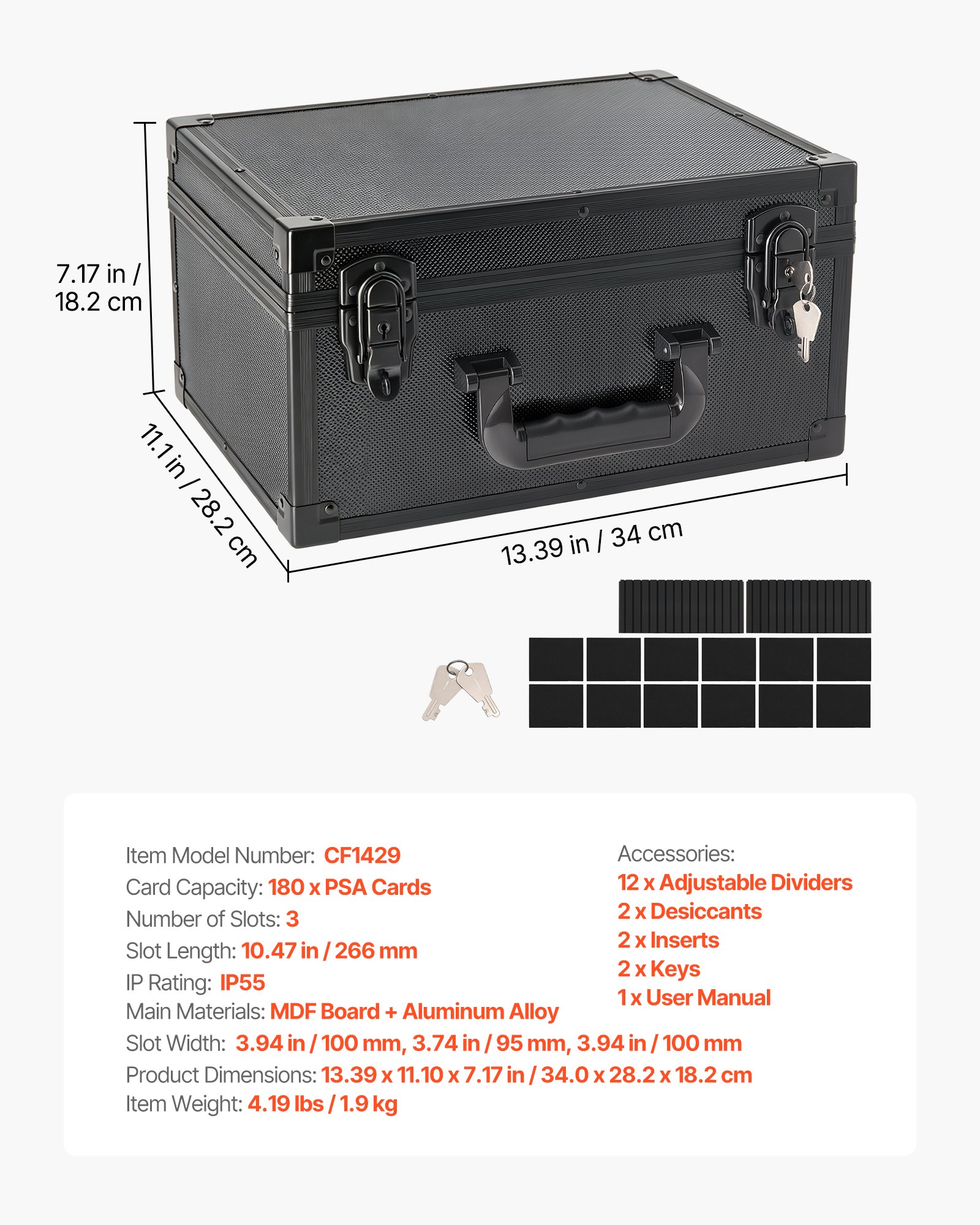 VEVOR Caja para Tarjetas Graduadas, 3 Filas 12 Separadores, Capacidad para 180 Tarjetas PSA, 120 SGC, 100 BGS, 520 Protectores o Más de 999 Tarjetas Sueltas, con Cerradura Mecánica y Llaves, Negro