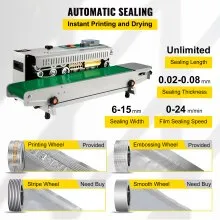 VEVOR Selladora de Bolsas Sellador de Banda Continua 6-15 mm del Ancho del Sello Máquina de Sellado Continuo 0-24 m / min Sellador Sutomático