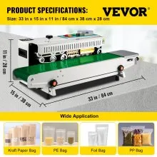 VEVOR Selladora de Bolsas Sellador de Banda Continua 6-15 mm del Ancho del Sello Máquina de Sellado Continuo 0-24 m / min Sellador Sutomático