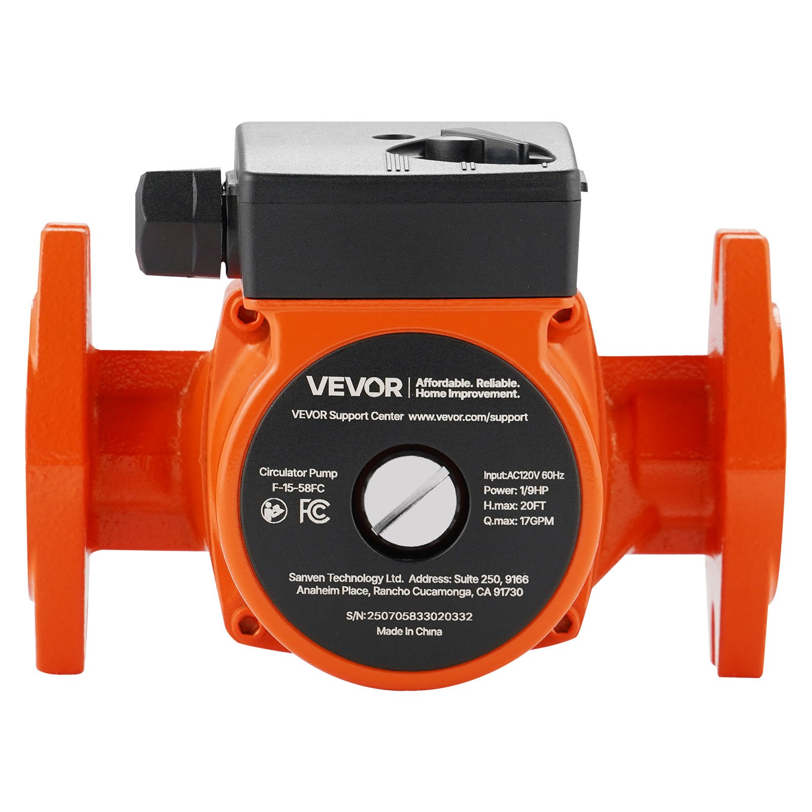 Bomba de circulación de hierro fundido VEVOR F-15-58FC, 17 GPM, CA 120 V, 20 pies (6 m), conexión de brida de 1 pulgada, ajuste de 3 velocidades, funcionamiento silencioso, para sistemas de calentamiento de agua domésticos.
