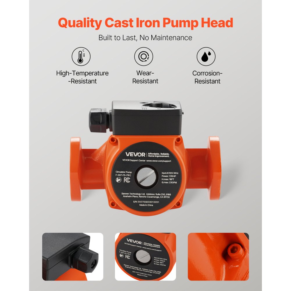 Bomba de circulación de hierro fundido VEVOR F-007-F5-71FC, 23 GPM, CA 120 V, 16 pies (4,8 m), conexión de brida de 1 pulgada, ajuste de 3 velocidades, funcionamiento silencioso, para sistemas de calefacción residenciales.