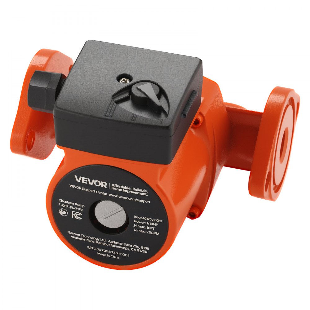 Bomba de circulación de hierro fundido VEVOR F-007-F5-71FC, 23 GPM, CA 120 V, 16 pies (4,8 m), conexión de brida de 1 pulgada, ajuste de 3 velocidades, funcionamiento silencioso, para sistemas de calefacción residenciales.