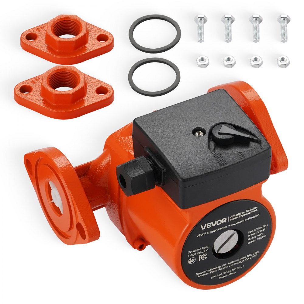 Bomba de circulación de hierro fundido VEVOR F-007-F5-71FC, 23 GPM, CA 120 V, 16 pies (4,8 m), conexión de brida de 1 pulgada, ajuste de 3 velocidades, funcionamiento silencioso, para sistemas de calefacción residenciales.