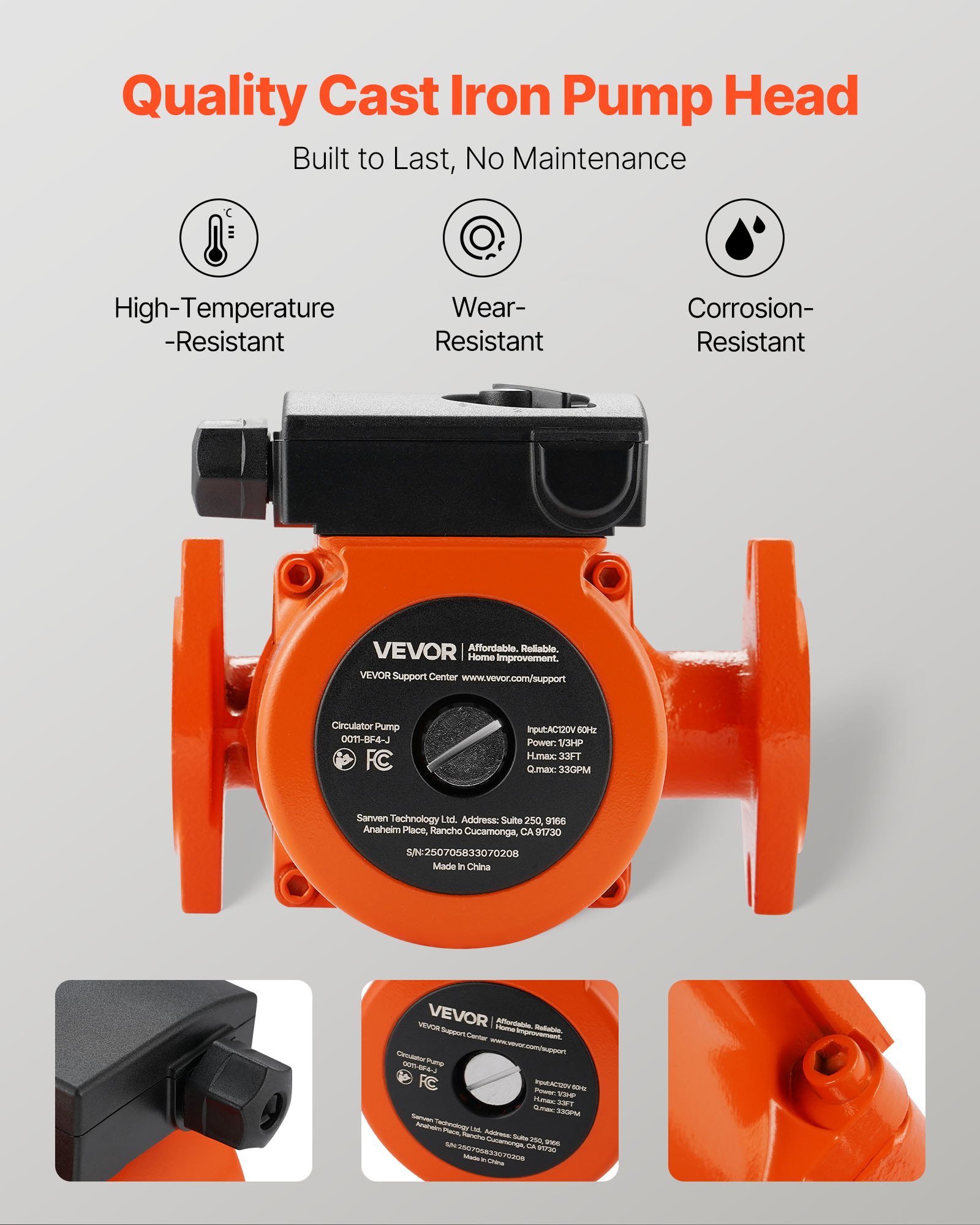 Bomba de circulación de hierro fundido VEVOR 0011-BF4-J, 33 GPM, CA 120 V, 33 pies (10 m), conexión de brida de 1-1/4", ajuste de 3 velocidades, funcionamiento silencioso, para sistemas de calefacción residenciales.