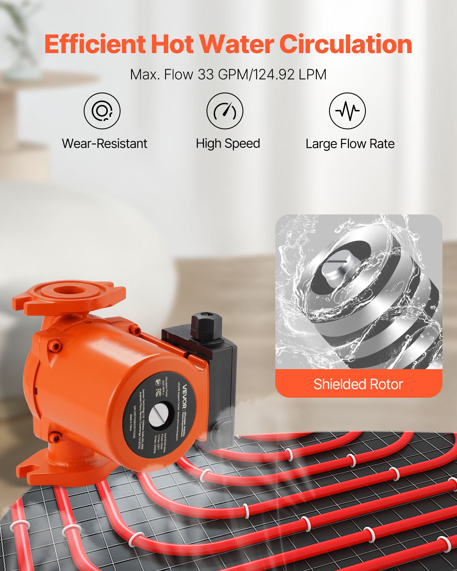 Bomba de circulación de hierro fundido VEVOR 0011-BF4-J, 33 GPM, CA 120 V, 33 pies (10 m), conexión de brida de 1-1/4", ajuste de 3 velocidades, funcionamiento silencioso, para sistemas de calefacción residenciales.
