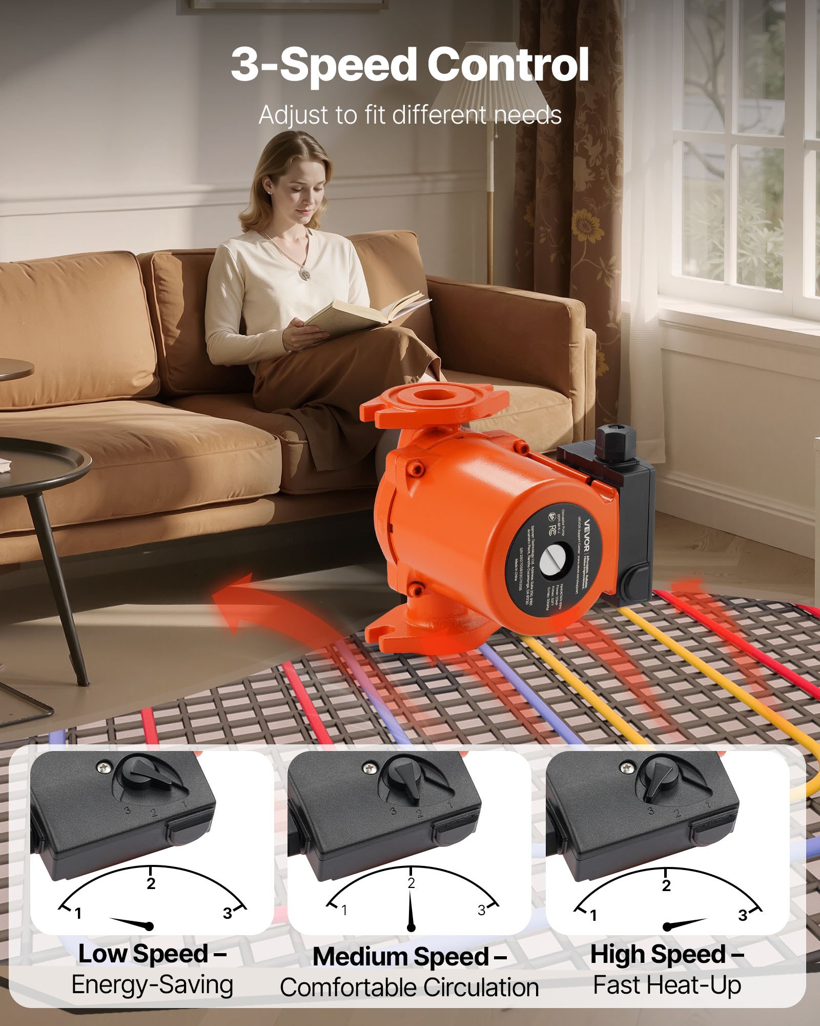 Bomba de circulación de hierro fundido VEVOR 0011-BF4-J, 33 GPM, CA 120 V, 33 pies (10 m), conexión de brida de 1-1/4", ajuste de 3 velocidades, funcionamiento silencioso, para sistemas de calefacción residenciales.