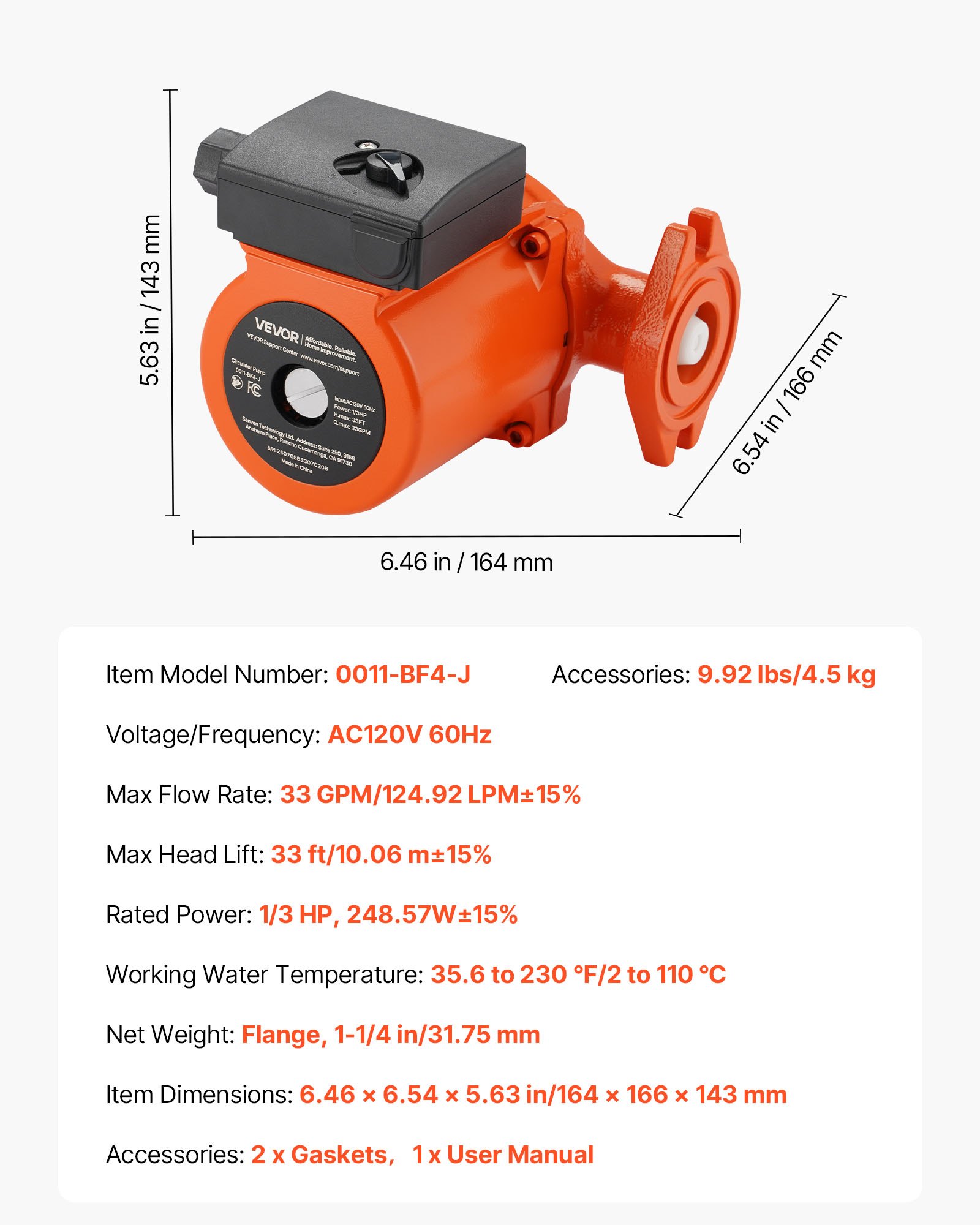 Bomba de circulación de hierro fundido VEVOR 0011-BF4-J, 33 GPM, CA 120 V, 33 pies (10 m), conexión de brida de 1-1/4", ajuste de 3 velocidades, funcionamiento silencioso, para sistemas de calefacción residenciales.