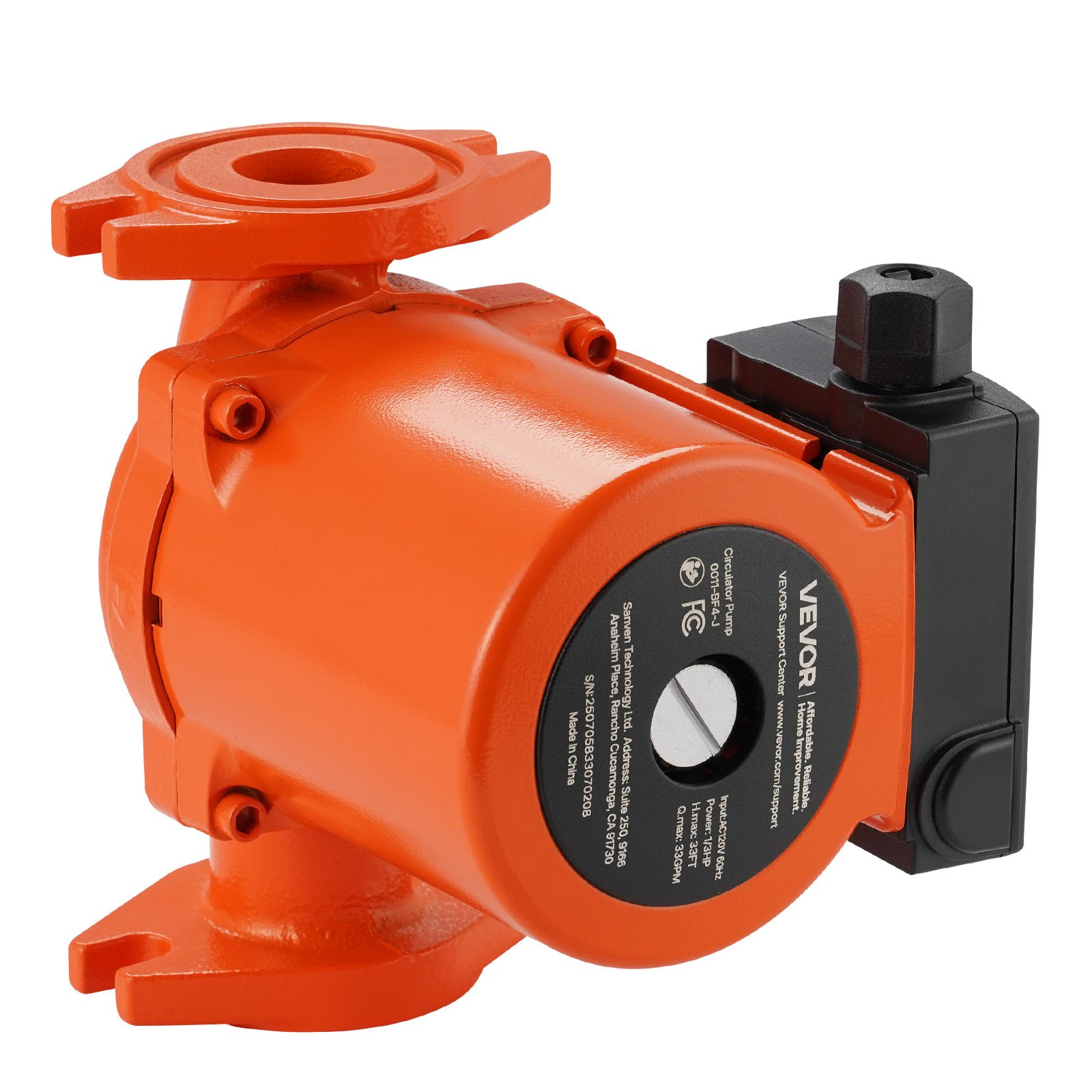 Bomba de circulación de hierro fundido VEVOR 0011-BF4-J, 33 GPM, CA 120 V, 33 pies (10 m), conexión de brida de 1-1/4", ajuste de 3 velocidades, funcionamiento silencioso, para sistemas de calefacción residenciales.