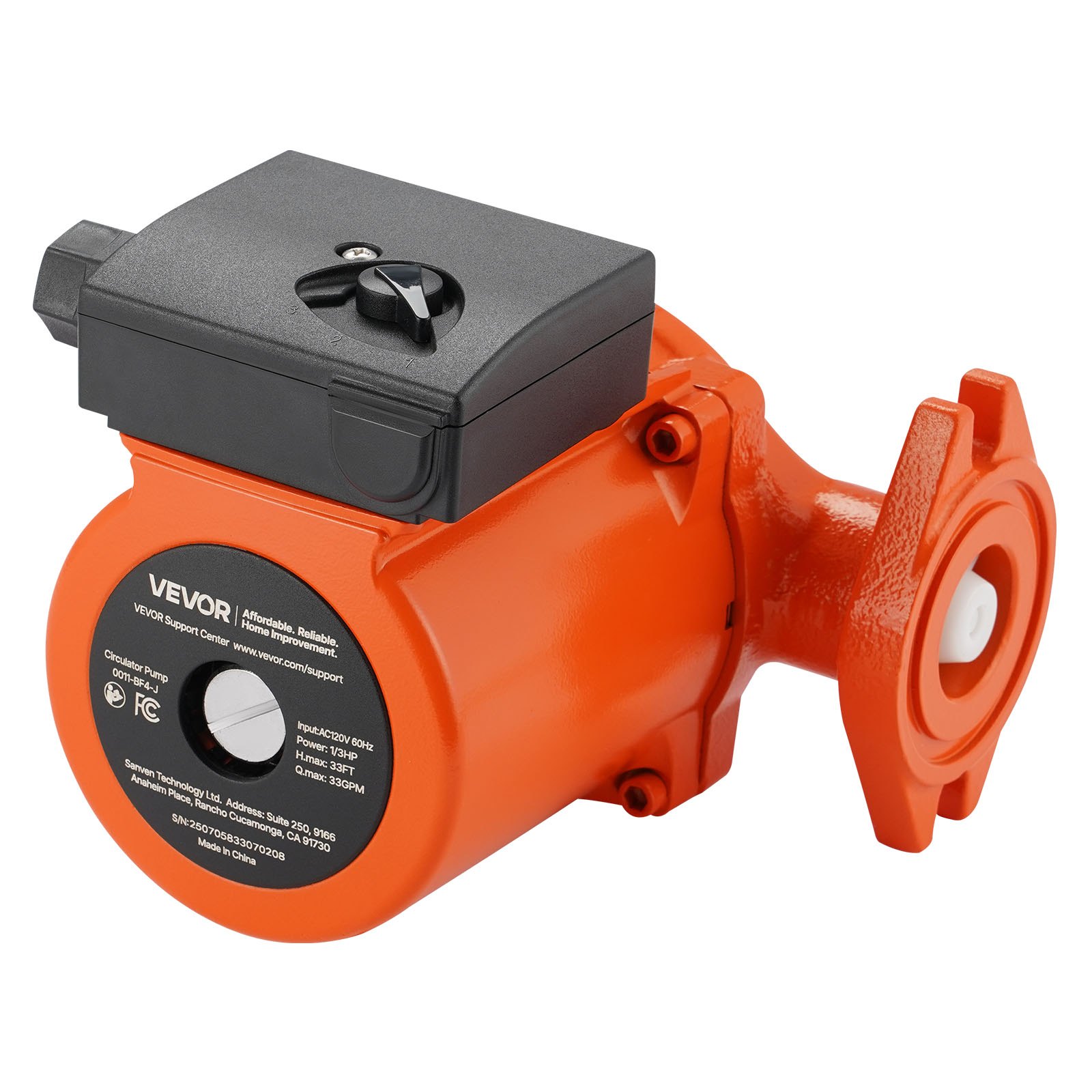 Bomba de circulación de hierro fundido VEVOR 0011-BF4-J, 33 GPM, CA 120 V, 33 pies (10 m), conexión de brida de 1-1/4", ajuste de 3 velocidades, funcionamiento silencioso, para sistemas de calefacción residenciales.