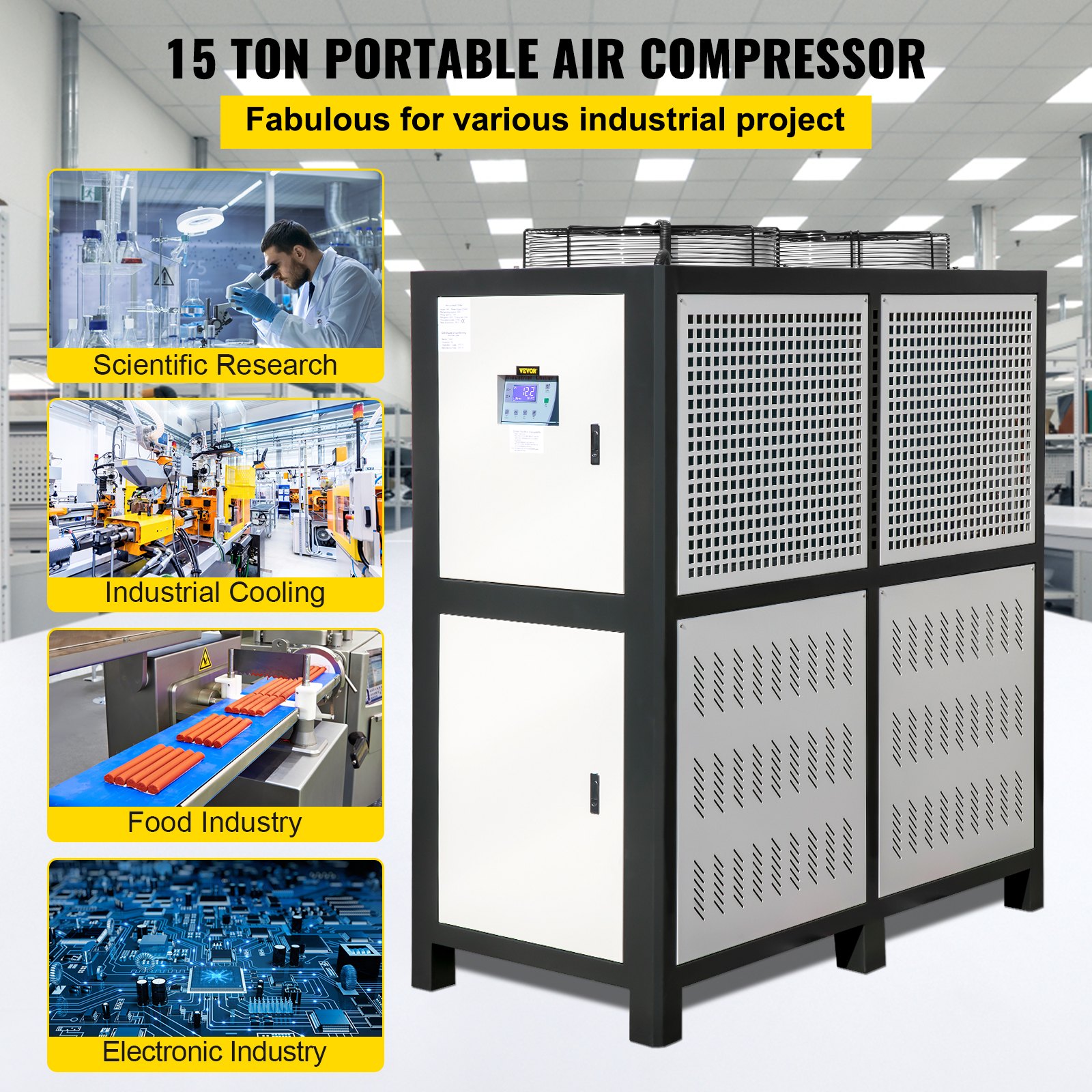 Enfriador de agua VEVOR de 15 toneladas, enfriador industrial de 15 hp, enfriador de agua refrigerado por aire, condensador con aletas, con control por microcomputadora, tanque de agua de acero inoxidable.