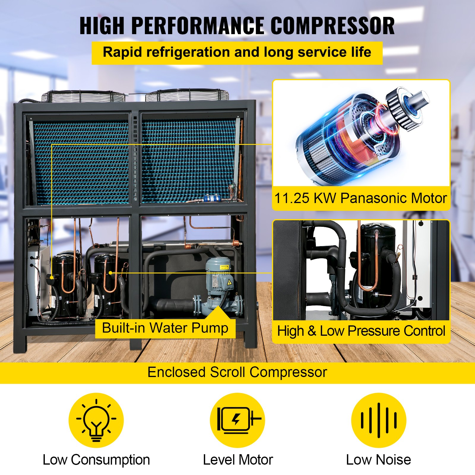 Enfriador de agua VEVOR de 15 toneladas, enfriador industrial de 15 hp, enfriador de agua refrigerado por aire, condensador con aletas, con control por microcomputadora, tanque de agua de acero inoxidable.