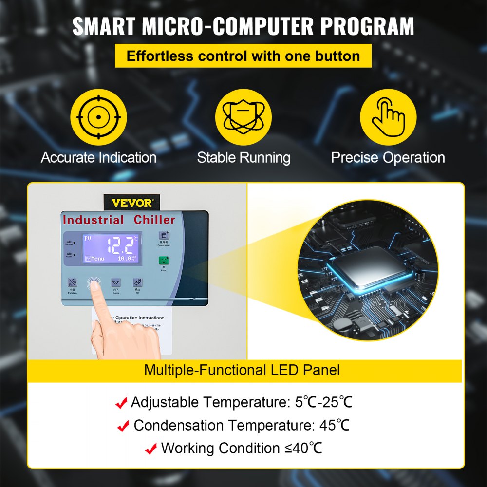 Enfriador de agua VEVOR de 6 toneladas de capacidad, enfriador industrial de 6 HP, enfriador de agua refrigerado por aire, condensador con aletas, con control por microcomputadora, tanque de agua de acero inoxidable.