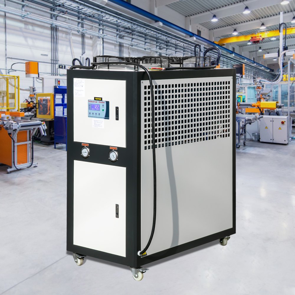 Enfriador de agua VEVOR de 6 toneladas de capacidad, enfriador industrial de 6 HP, enfriador de agua refrigerado por aire, condensador con aletas, con control por microcomputadora, tanque de agua de acero inoxidable.