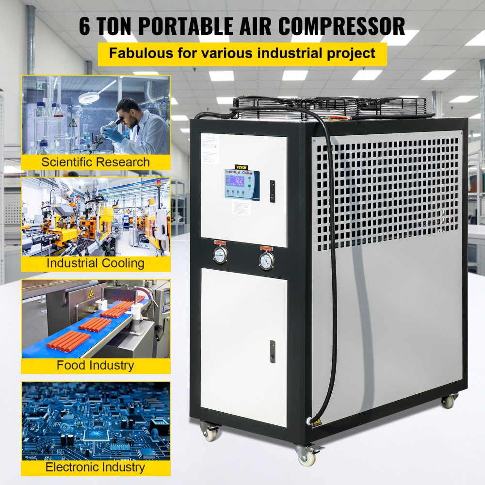 Enfriador de agua VEVOR de 6 toneladas de capacidad, enfriador industrial de 6 HP, enfriador de agua refrigerado por aire, condensador con aletas, con control por microcomputadora, tanque de agua de acero inoxidable.