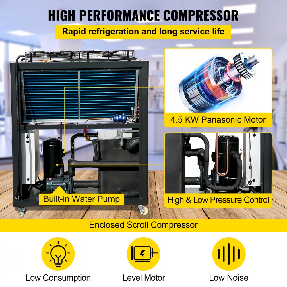 Enfriador de agua VEVOR de 6 toneladas de capacidad, enfriador industrial de 6 HP, enfriador de agua refrigerado por aire, condensador con aletas, con control por microcomputadora, tanque de agua de acero inoxidable.