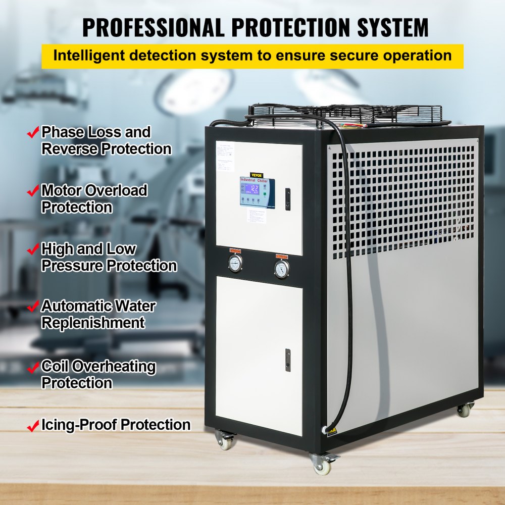 Enfriador de agua VEVOR de 6 toneladas de capacidad, enfriador industrial de 6 HP, enfriador de agua refrigerado por aire, condensador con aletas, con control por microcomputadora, tanque de agua de acero inoxidable.