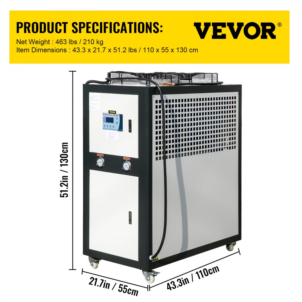 Enfriador de agua VEVOR de 6 toneladas de capacidad, enfriador industrial de 6 HP, enfriador de agua refrigerado por aire, condensador con aletas, con control por microcomputadora, tanque de agua de acero inoxidable.