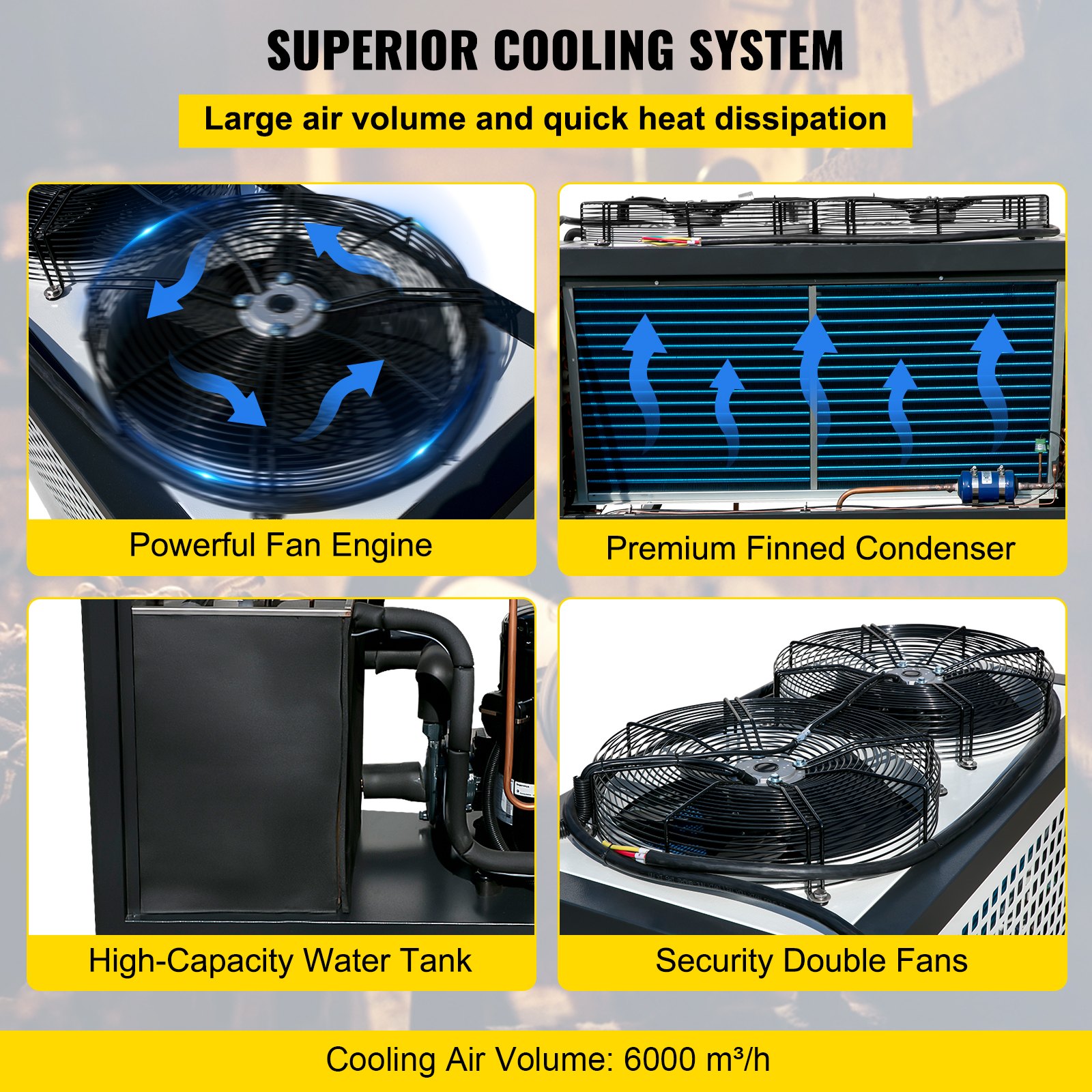 Enfriador de agua VEVOR de 6 toneladas de capacidad, enfriador industrial de 6 HP, enfriador de agua refrigerado por aire, condensador con aletas, con control por microcomputadora, tanque de agua de acero inoxidable.