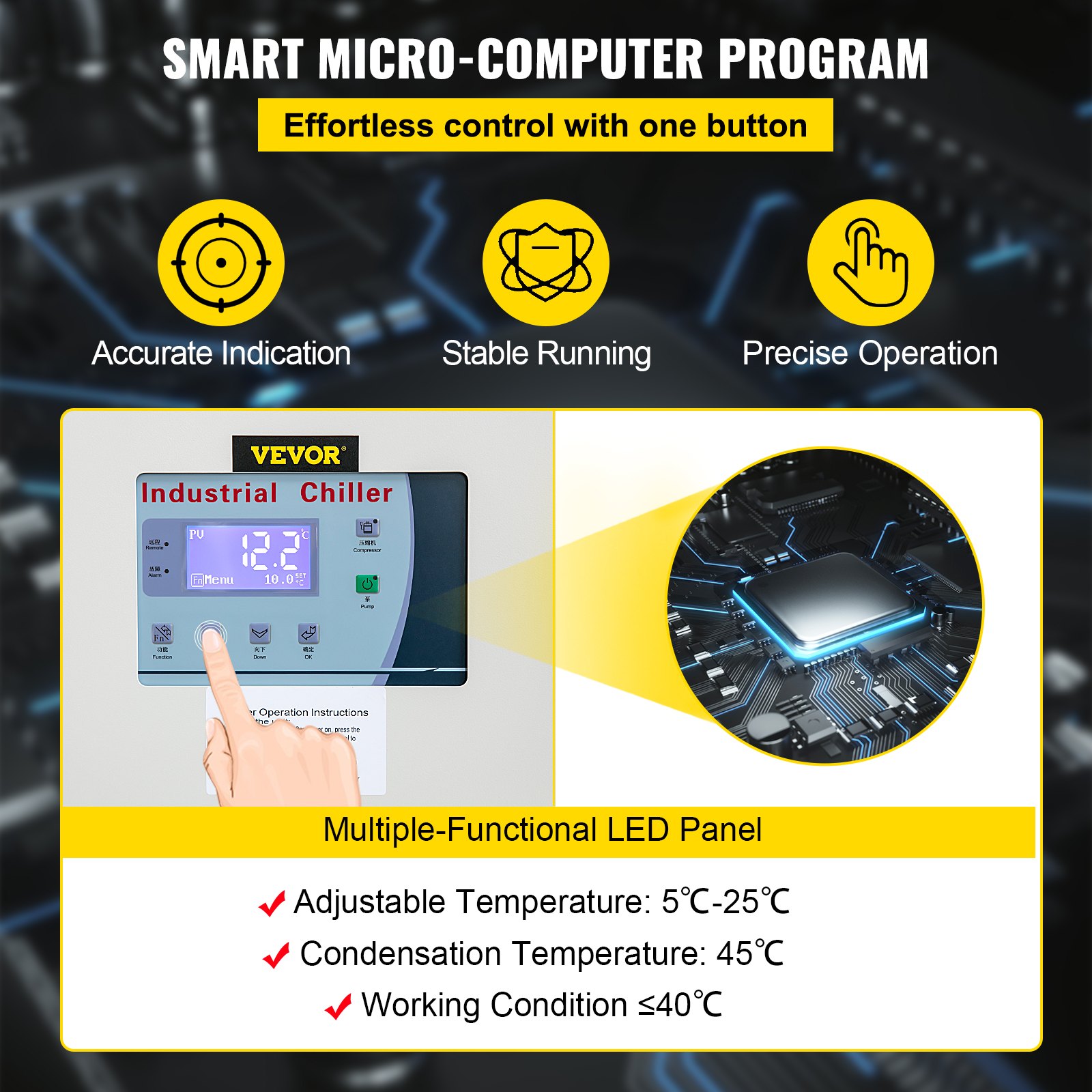 Enfriador de agua VEVOR de 6 toneladas de capacidad, enfriador industrial de 6 HP, enfriador de agua refrigerado por aire, condensador con aletas, con control por microcomputadora, tanque de agua de acero inoxidable.