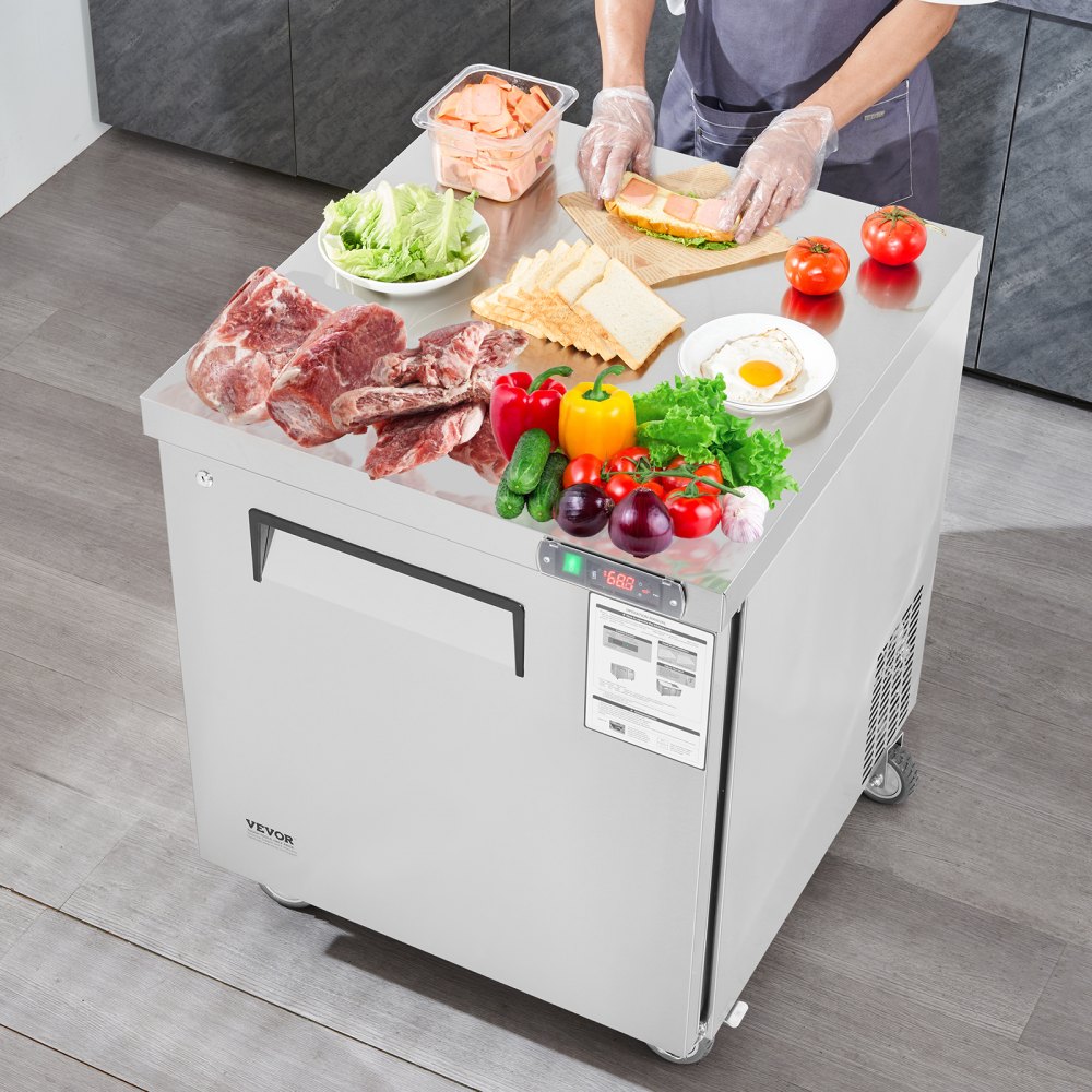 Refrigerador comercial VEVOR de 71 cm para preparar sándwiches y ensaladas, estación de preparación de alimentos refrigerada de acero inoxidable de 2,2 m³ con 1 puerta, refrigerador antiescarcha con cerradura para restaurantes y bares.