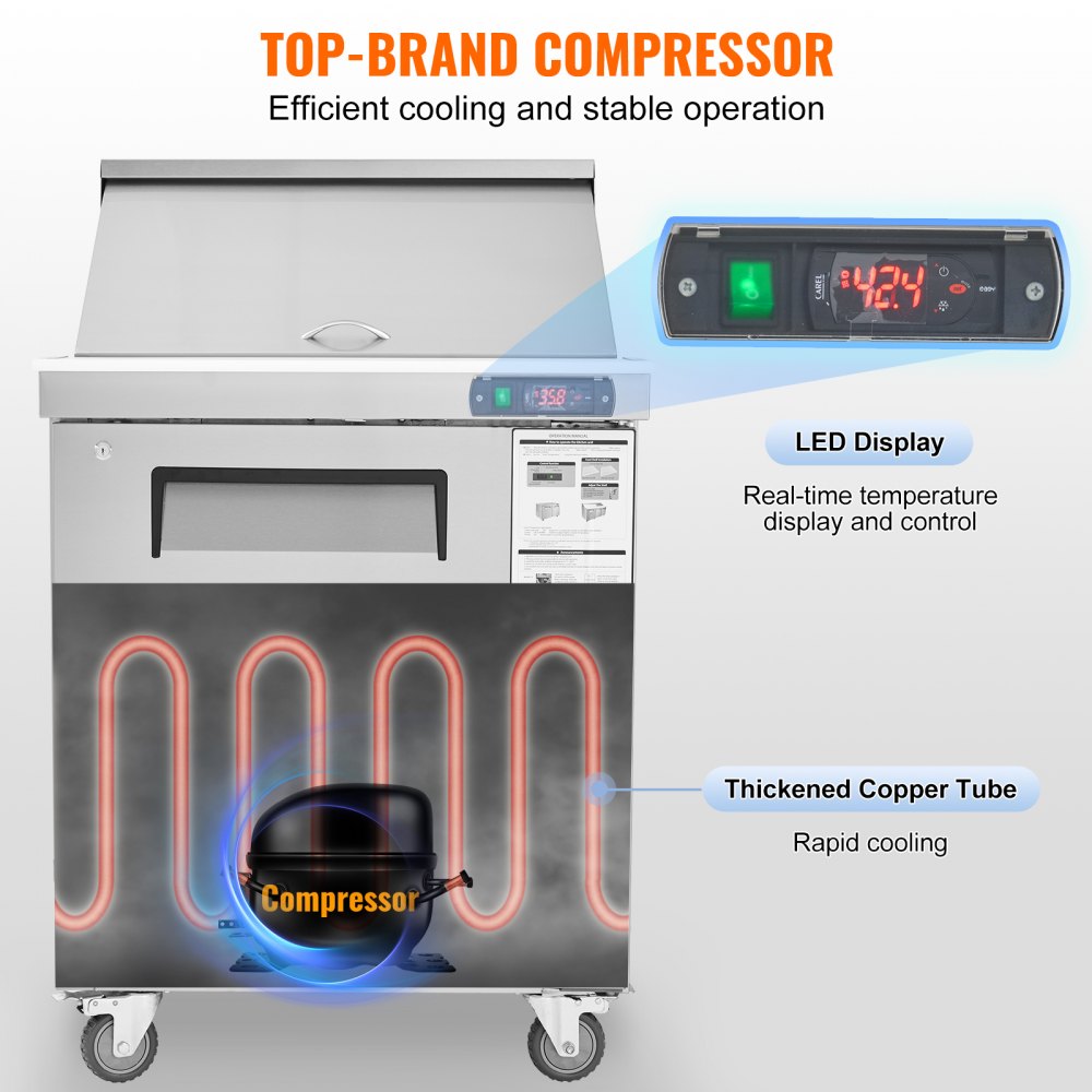 Mesa de preparación de sándwiches y ensaladas VEVOR de 71 cm (28"), refrigerador comercial de acero inoxidable de 7.4 pies cúbicos con 12 bandejas, tabla de cortar y refrigerador antiescarcha con cerradura para restaurantes.
