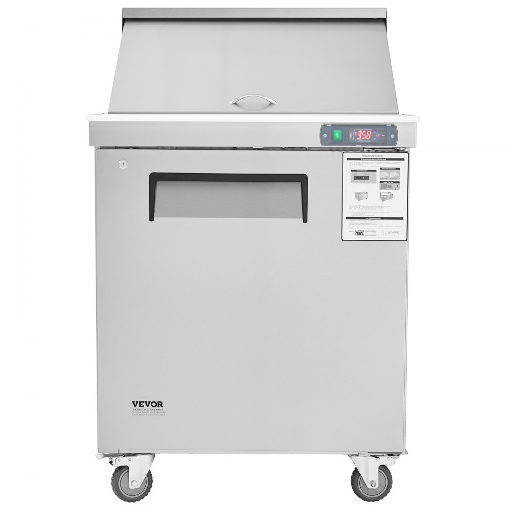 Mesa de preparación de sándwiches y ensaladas VEVOR de 71 cm (28"), refrigerador comercial de acero inoxidable de 7.4 pies cúbicos con 12 bandejas, tabla de cortar y refrigerador antiescarcha con cerradura para restaurantes.