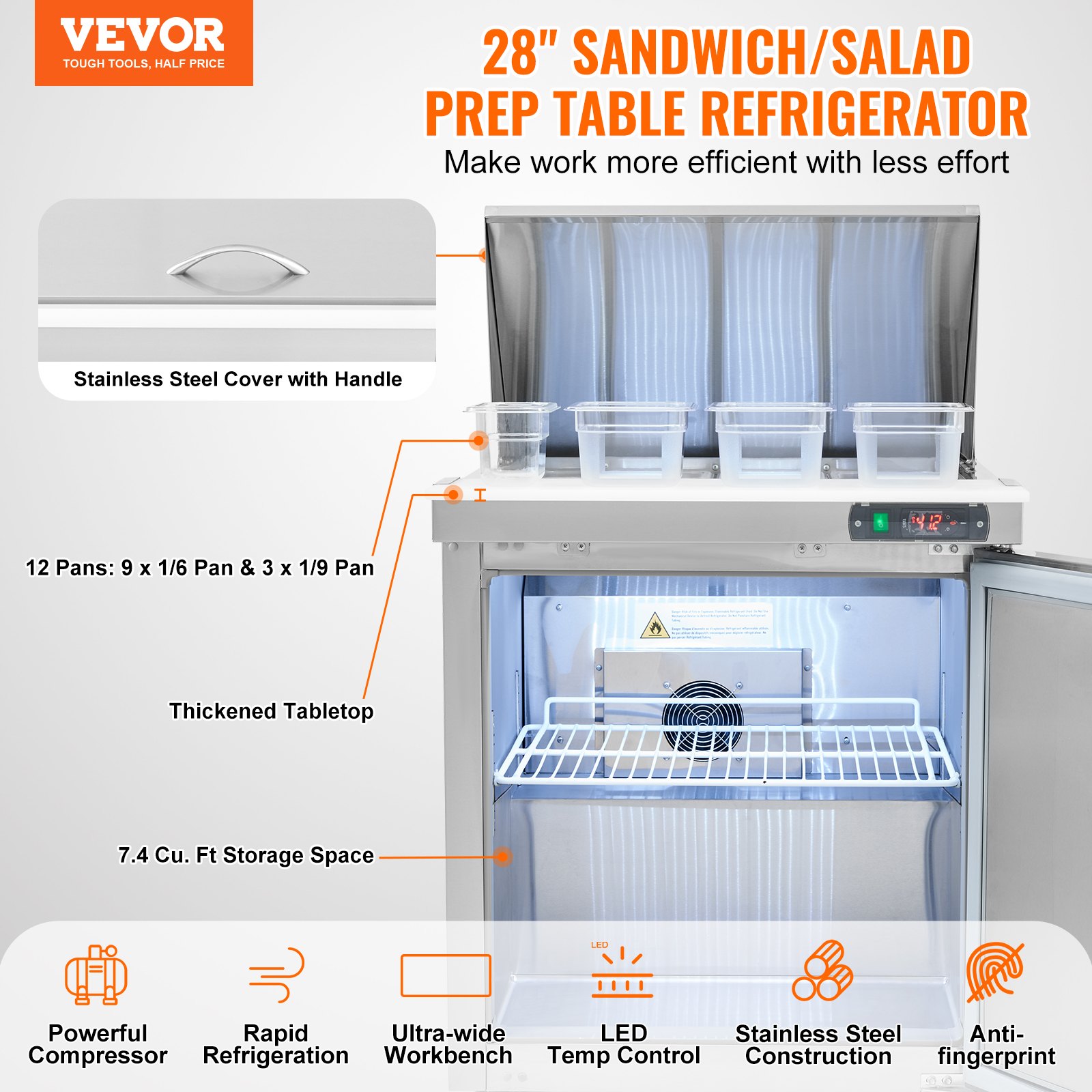 Mesa de preparación de sándwiches y ensaladas VEVOR de 71 cm (28"), refrigerador comercial de acero inoxidable de 7.4 pies cúbicos con 12 bandejas, tabla de cortar y refrigerador antiescarcha con cerradura para restaurantes.