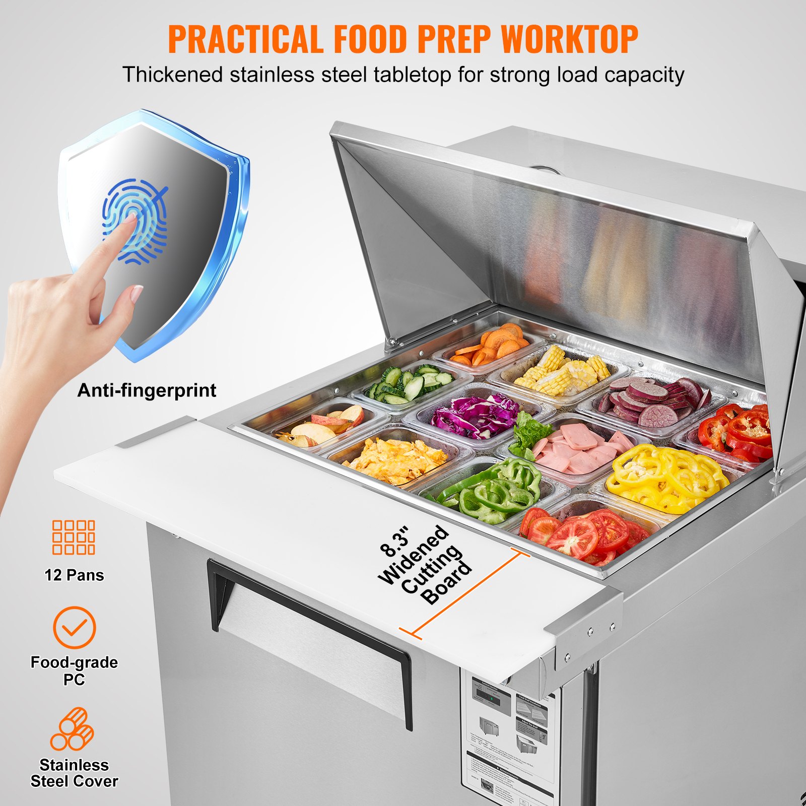 Mesa de preparación de sándwiches y ensaladas VEVOR de 71 cm (28"), refrigerador comercial de acero inoxidable de 7.4 pies cúbicos con 12 bandejas, tabla de cortar y refrigerador antiescarcha con cerradura para restaurantes.