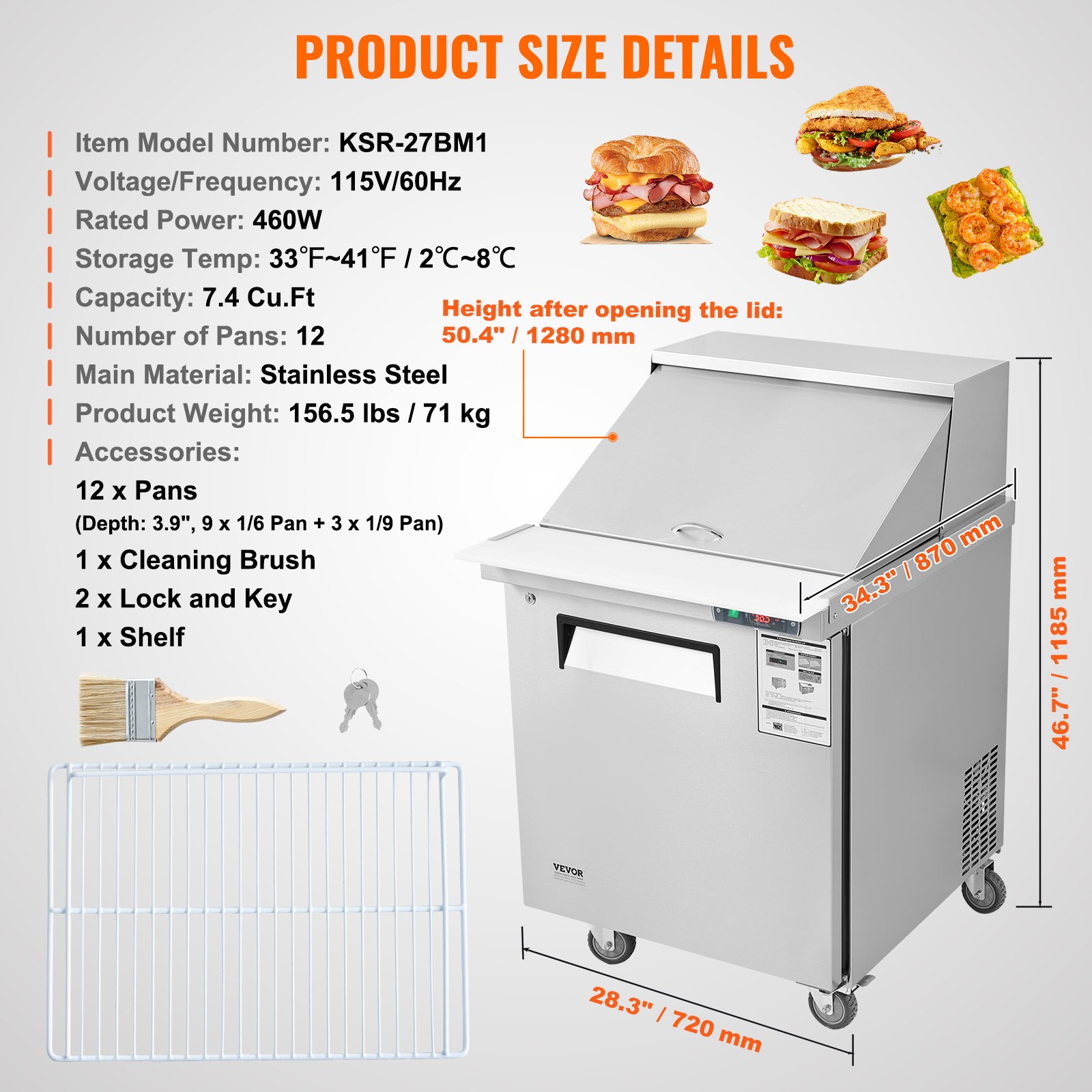 Mesa de preparación de sándwiches y ensaladas VEVOR de 71 cm (28"), refrigerador comercial de acero inoxidable de 7.4 pies cúbicos con 12 bandejas, tabla de cortar y refrigerador antiescarcha con cerradura para restaurantes.
