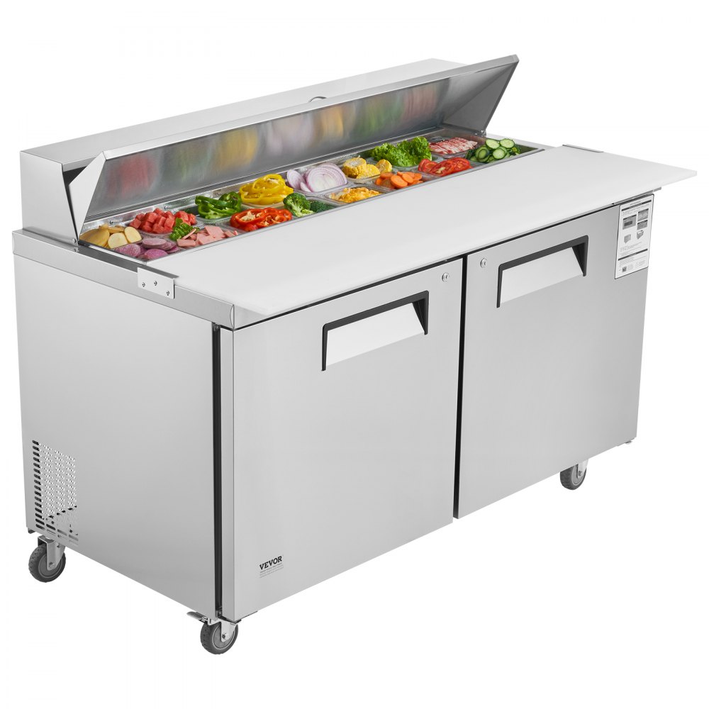 Refrigerador comercial VEVOR de 60 pulgadas para preparar sándwiches y ensaladas, estación de preparación de alimentos refrigerada de acero inoxidable de 16.4 pies cúbicos con 16 bandejas, tabla de cortar, refrigerador antiescarcha con cerradura para restaurante