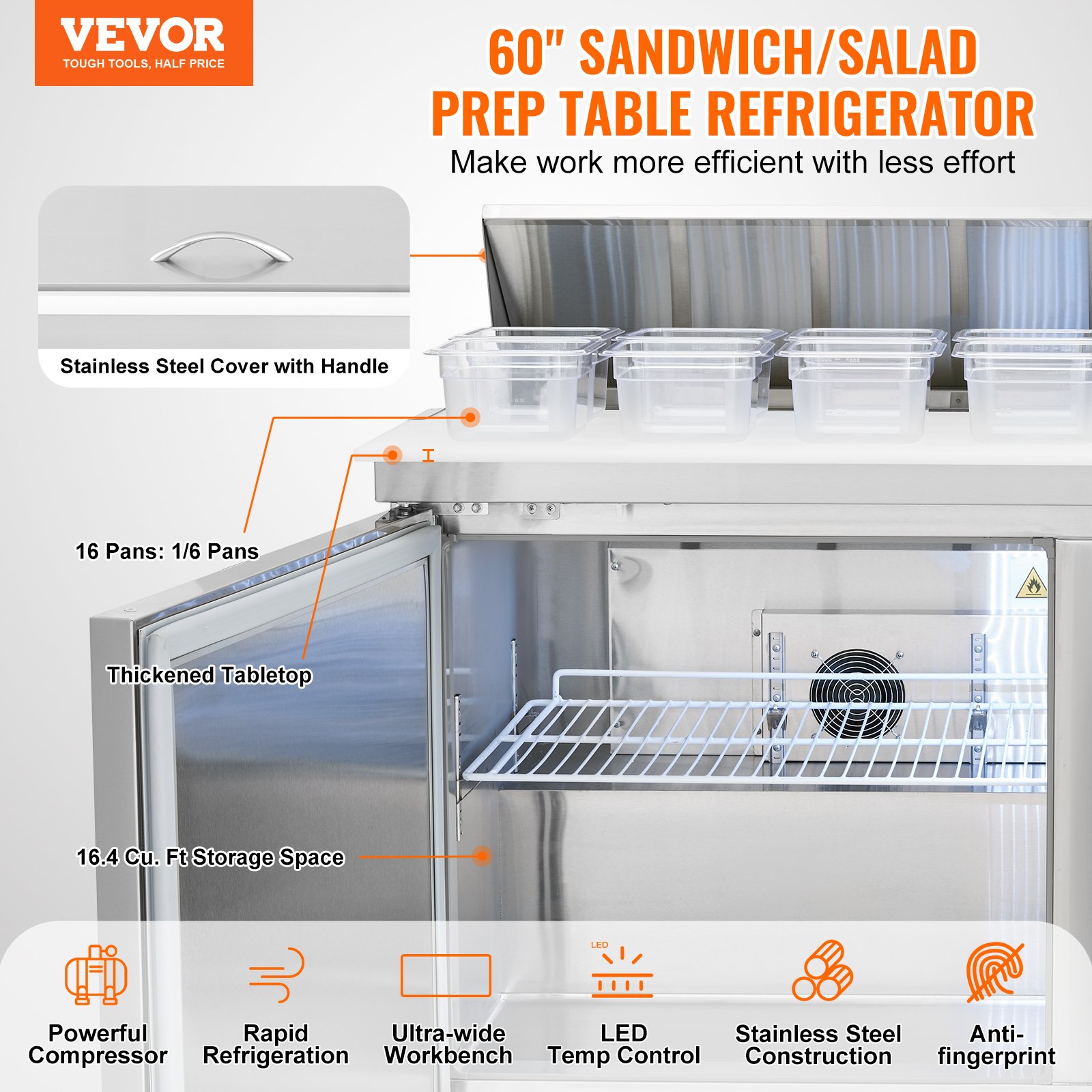 Refrigerador comercial VEVOR de 60 pulgadas para preparar sándwiches y ensaladas, estación de preparación de alimentos refrigerada de acero inoxidable de 16.4 pies cúbicos con 16 bandejas, tabla de cortar, refrigerador antiescarcha con cerradura para restaurante